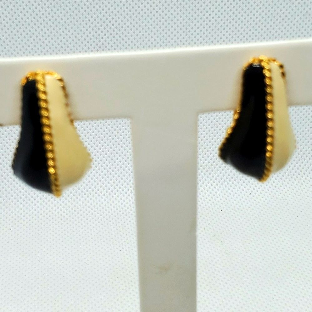 Vintage Black, Cream, & Gold Clip-On Earrings